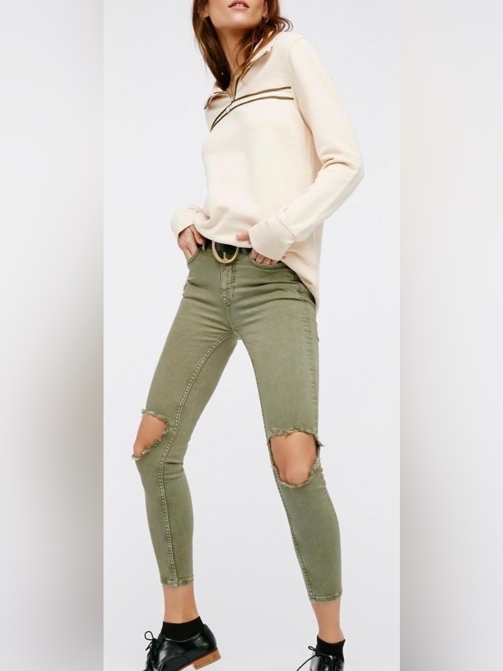 Free People Olive Green Distressed Skinny Jeans